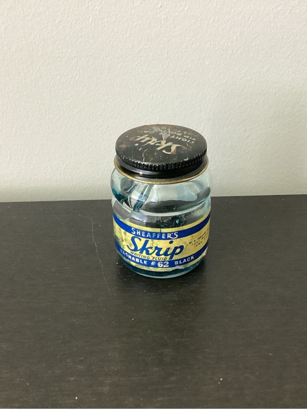 Vtg. Sheaffer’s SKRIP Writing Fluid.  Glass bottle black specifically featured